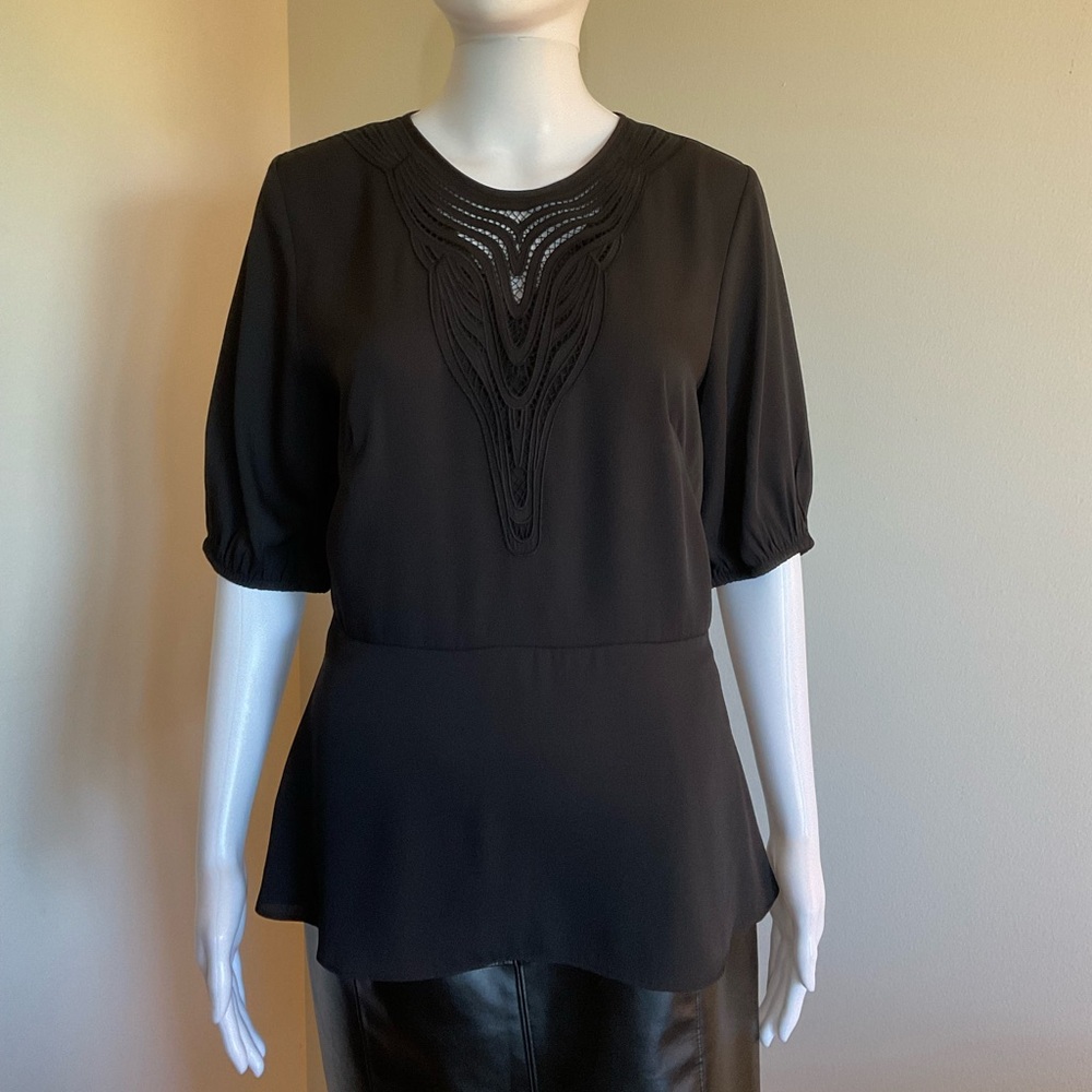 White House Black Market Crew Neck Lace Inset Blouse~Size 4~Black~NWT!